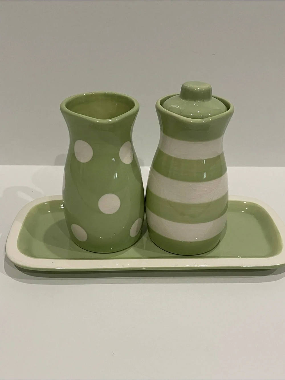 Hallmark Green and White Polka Dot & Stripe Ceramic Creamer Set with Tray